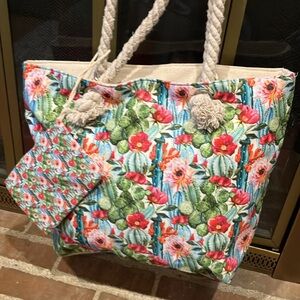 EUC cactus tote with rope handles and coin purse